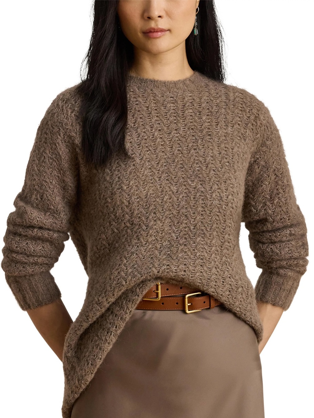 NWT Lauren Ralph Lauren Oversized Taupe Alpaca Wool Open Stitch Knit Sweater M